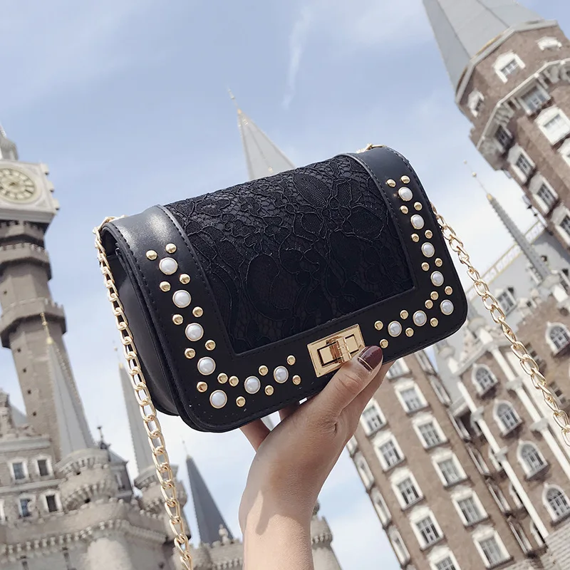 

2018ins Super Fire Summer Square Sling Bag Lace Turnlock Bag Trend of Fashion Over-the-shoulder Bag Purse