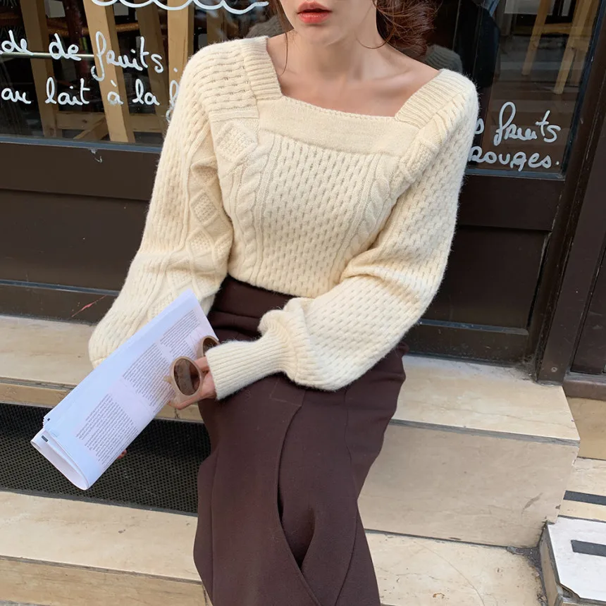 Свитер женская одежда пуловер Женский вязаный свитер с длинным рукавом вязаные топы осенне-зимняя одежда модный квадратный воротник