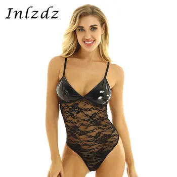 

Women's See-through Sheer Bodysuit Lace Lingerie Spaghetti Shoulder Straps Patent Leather Cups High-cut Sext Teddy Bodysuit