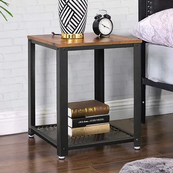 

Industrial End Side Table 2-Tier Nightstand with Storage Shelf, Sturdy Easy Assembly, Wood Look Accent Furniture Metal Frame