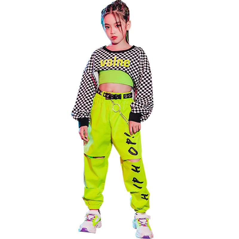 Girls Hip Hop Clothing Jazz Costume Lattice Tops Fluorescent Green Pants Modern Show Outfit Rave Hip Hop Clothes Kids Wear L5299