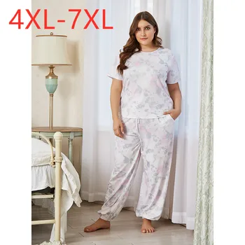 

Ladies summer plus size pajamas for women short sleeve loose floral print T-shirt and long pants home wear suit 4XL 5XL 6XL 7XL