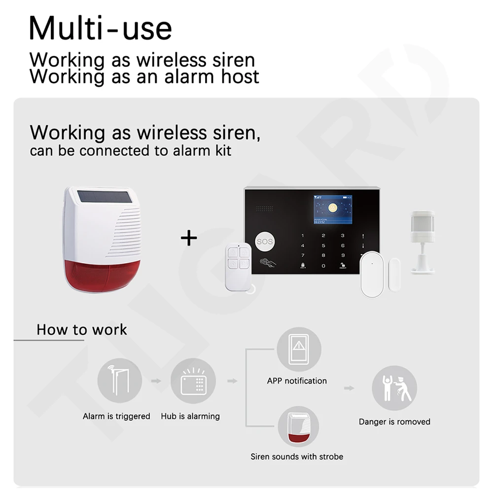 Tugard 433MHz Wireless Outdoor Solar Siren Light Flash Strobe Waterproof Alarm Siren for Home Security Burglar WiFi Alarm System