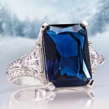 

Huitan New Design Gorgeous Women Ring Deep Blue Zircon with Round/Triangle CZ Elegant Lady Wedding Jewelry Ring Luxury Gift Ring