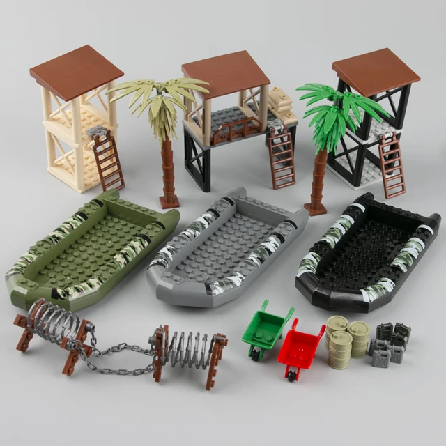 WW2 Military Weapon Accessories Building Blocks Sentry Port Oil Barrow Cart Ship Army Camo Boat MOC City Series Bricks Toys C128 2