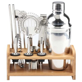 

750Ml Stainless Bar Cocktail Shaker Set Barware Set Shaker Set with Bamboo Stand Bar Tool Set Bartender Kit Shakers