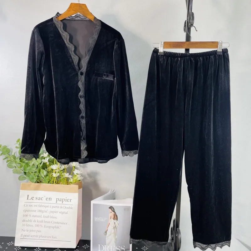 

Autumn New V-Neck Women Black Sleepwear Velour 2PCS Pajamas Suit Long Sleeve Home Clothing Intimate Lingerie Pyjamas Nightwear