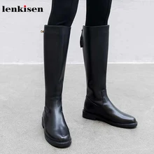Lenkisen/модные ботинки из натуральной кожи очень теплые зимние женские сапоги до колена на среднем каблуке, с круглым носком, на металлической молнии, с пряжкой и ремешками L18