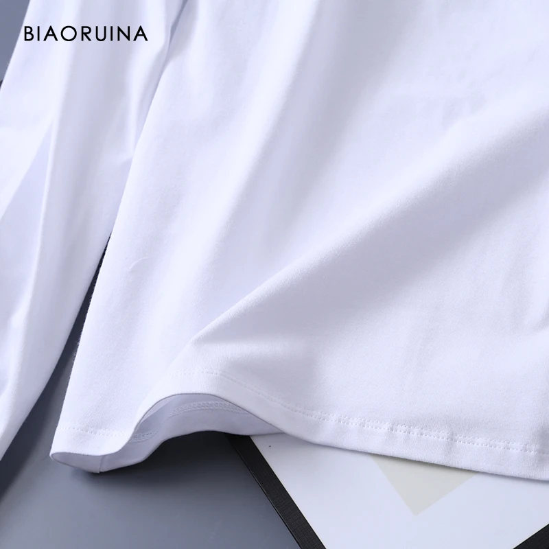 BIAORUINA Womens Cotton Basic All-match V-neck T-shirt Long Sleeve Korean Style Slim Everyday Tees Casual Tops