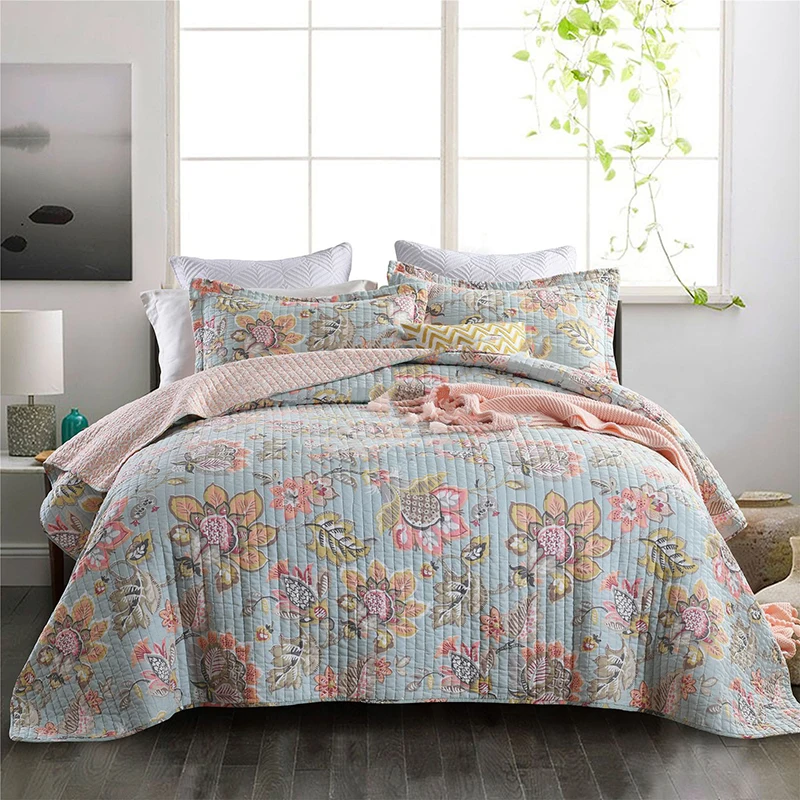 

CHAUSUB Quality Bedspread Quilt Set 3pcs Blue Print Cotton Quilts Quilting Bed Cover Sheets King Queen Size AB-side Coverlets