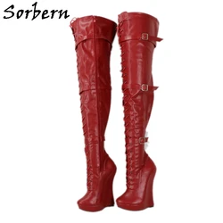 Sorbern 18CM Over Knee Women Boots Platform Lace Up Mid Thigh High Unisex Ladies Party Boots Wedges Boots Gay Dance Shoes Custom