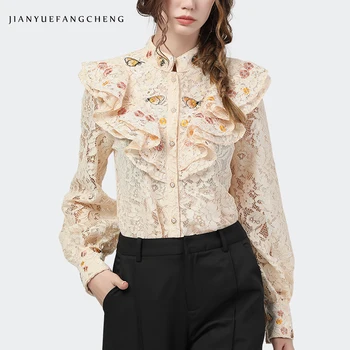

Fashion Butterfly Embroidered Women Lace Shirt Long Sleeve Hollow Out Stand Collar Ruffles Tops Plus Size Elegant Ladies Clothes