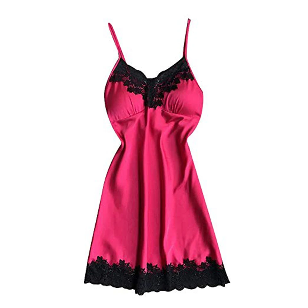 Мягкая Очаровательная Женская пижама, длинная кружевная домашняя модная ночная сорочка, сексуальная, глубокий v-образный вырез, на бретелях, подарок, однотонная, с накладкой на грудь - Цвет: Rose Red
