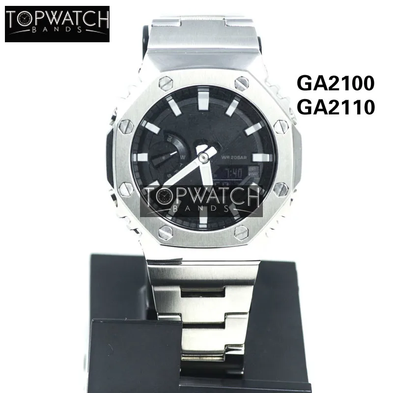 Pulseira de Relógio Pulseira de Metal Prata Preto Conjunto Relógio Modificação Pulseira Bezel Aço Inoxidável Case Ga-2100 Ga2100 Ga2110