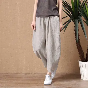 

Summer Pants Women Linen Plus size Pants Loose Wide leg Vinatge Casual Ankle length Trousers Ladies Elastic waist 4XL