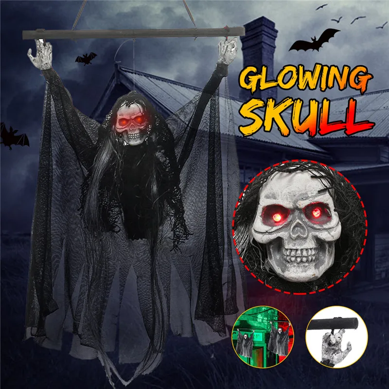 

Skull Halloween Hanging Ghost Haunted Reaper Screaming Glowing Skull with Glowing Red Eyes Haunted House Decorations Ornament