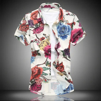 

2020 Summer Hawaiian Short Sleeve Shirt Men Cotton Flamingos Floral Printed Casual Dress Shirts Men Clothes