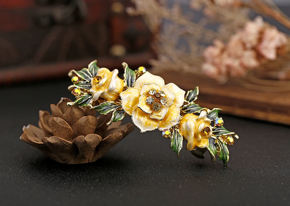 Muylinda Enamel Flower Chinese Hair Clip Jewelry Vintage Rose Rhinestone Hair Pin Barrettes Women Banquet Hair Accessories