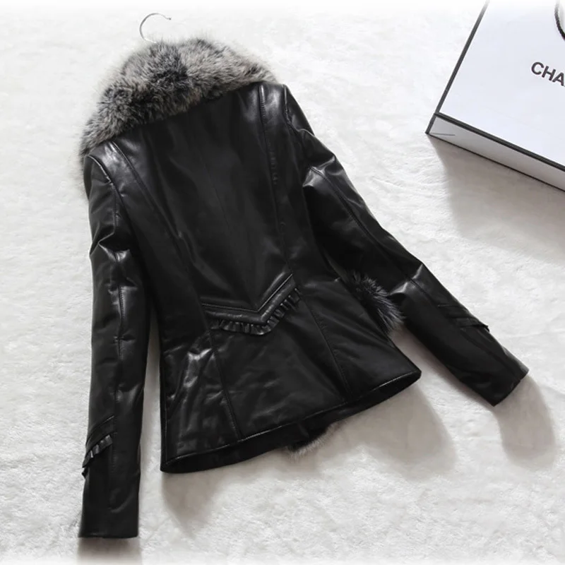 

Jacket Leather Genuine Real Fox Fur Collar 100% Real Sheepskin Coat Winter Jacket Women Warm Parka Chaqueta Mujer MY4056
