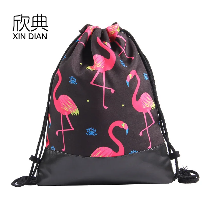 

2019 New Special Offer Spring 2019new Pu Leather Bottom Bundle Pocket Flamingo Drawstring Pack Shoulder Backpack