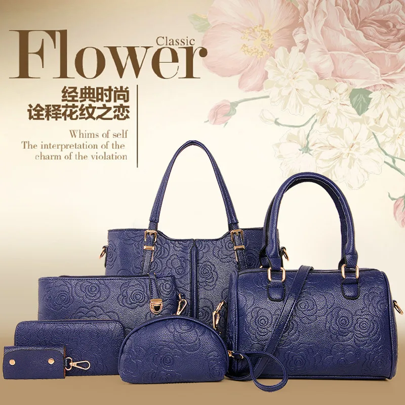 

2016 Europe And America New Style Rose Women's Different Size Bags Six Pieces Set Embossed Hand Fashion Shoulder Oblique Bag