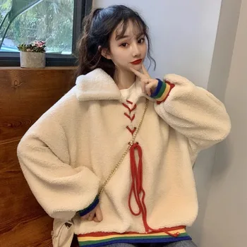 

Autumn And Winter New Ins College Style Loose And Sweet Rainbow Long Sleeve Strap Lapel Imitation Lambhair Pullover Women