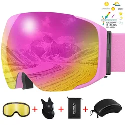 PHMAX Women Magnetic Ski Goggles With Yellow Lens UV400 Protective Ski Glasses Winter Explosion Proof Snowboard Goggles Case Set