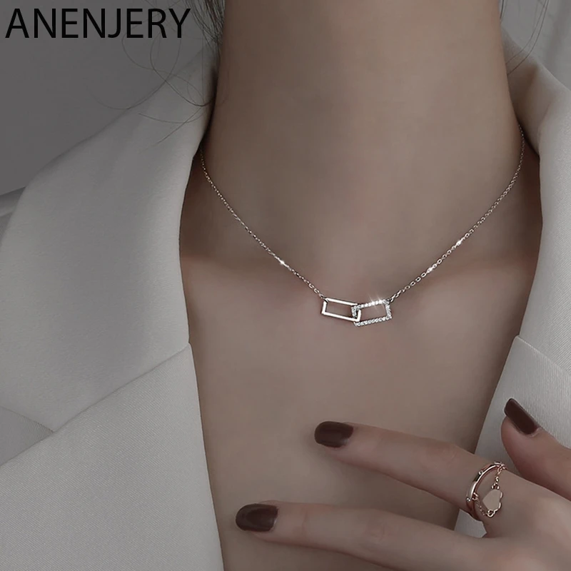 ANENJERY 925 Sterling Silver Interlocking Double Ring Paper Clip Pendant Necklace for Women