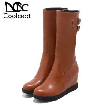 

Coolcept Large Size 32-45 Dropship Mid Calf Boots Fashion Women Shoes Woman Inner High Heels Add Fur Winter Boots Female