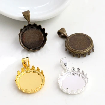 

20pcs/lot 12mm Inner Size 3 Colors Plated Brass Material Crown Style Cabochon Base Cameo Setting Charms Pendant Tray