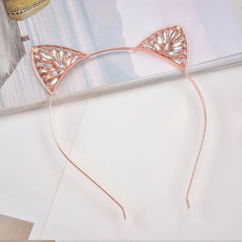 Women Adult Child Metal Alloy Headband Hollow Out Floral Cat Ears Hair Hoop Luxury Colored Glitter Rhinestone Decor Wedding Part