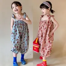 

Children's Clothing 2022 Summer New Sweet Polyester Little Girls Jumpsuits Pants For Kids Floral Plaid Lace-up Romper 3-6 Years