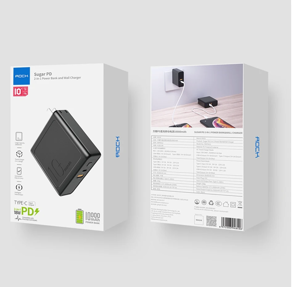 ROCK 10000mah power Bank с ЕС USB разъемом 3A type-C и Usb выходом power bank PD3.0+ QC3.0 быстрое зарядное устройство для iPhone samsung huawei