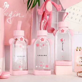 

Cute Glass Bottle Pink Cherry Blossom Water Cup Flamingo Cactus 350ml Flat Drinking Bottle With Leakproof Silicone Cover Travel
