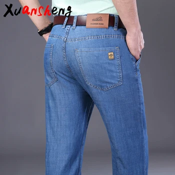 

Xuan Sheng straight tube men's jeans 2020 thin new stretch loose brand light blue classic long pants streetwear High waist jeans