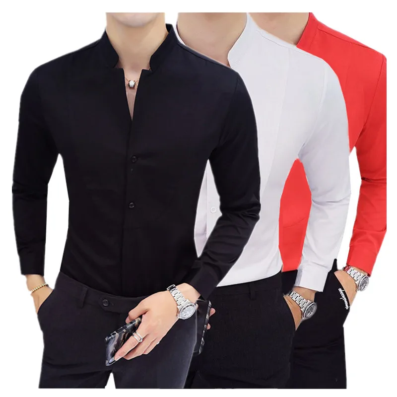 Men Business Shirts Black/White Fashion Elegant Stand Collar Long Sleeve Tops Wedding Party Dresses men casual shirts dress shirts