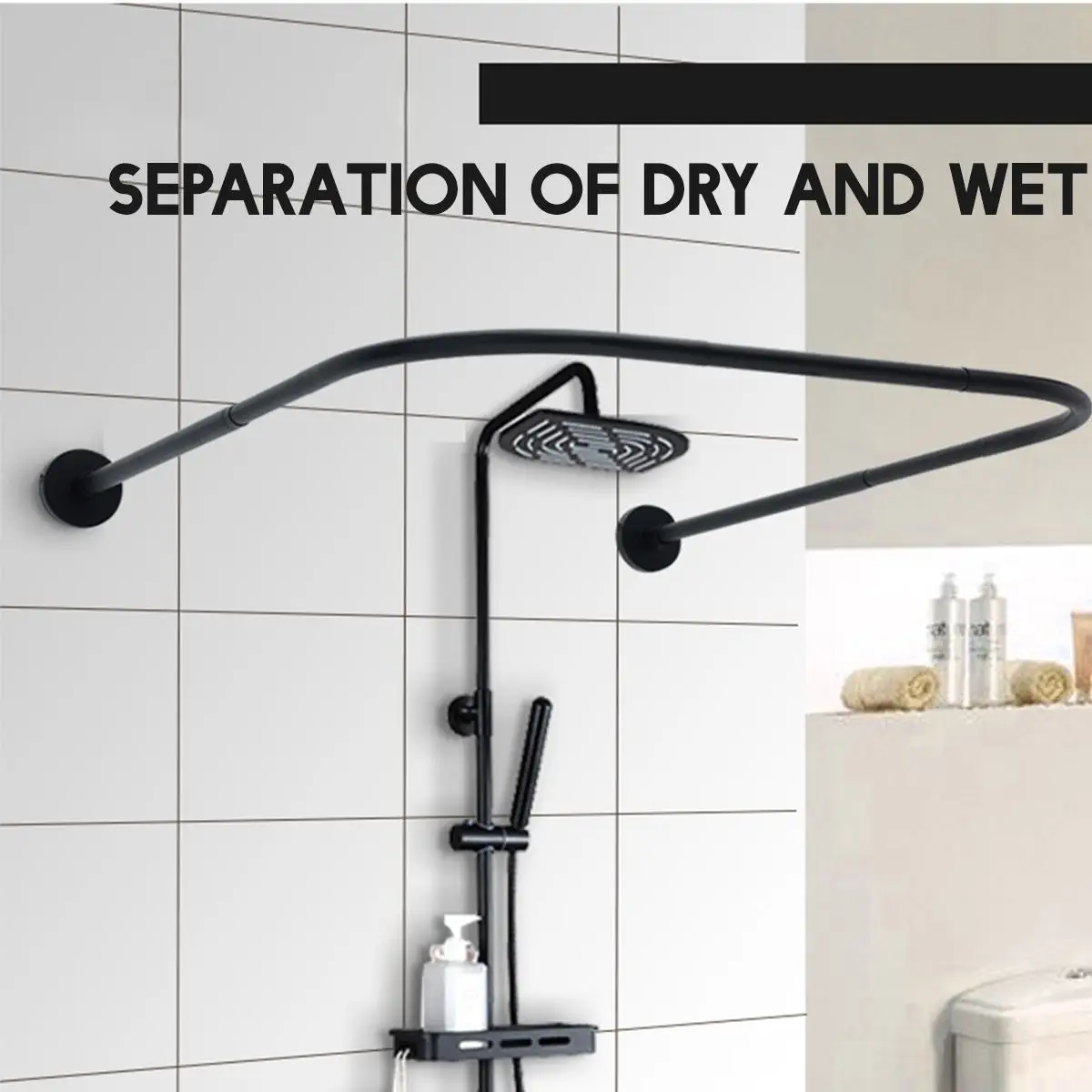 

Extendable U Shaped Curved Shower Curtain Rod Stainless Steel Shower Curtain Poles Punch-Free Bathroom Curtain Rail +12 hooks