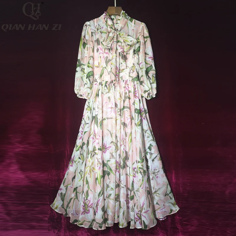 

Qian Han Zi 2019 designer fashion bohemian Long dress Women Bow Collar Lily Print Elegant Silk Chiffon Beach Holiday Maxi dress