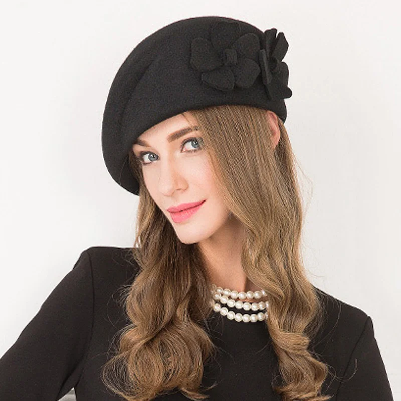 Шерсть черная шляпа винтажное платье в английском стиле Зимний берет