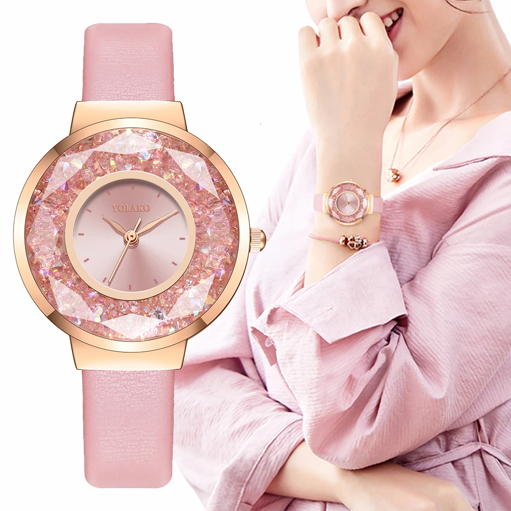 

Luxury Ladies Quartz Rhinestone Watches Clock YOLAKO Brand Women Leather Moving Diamond Watch Reloj Mujer Relogio Feminino