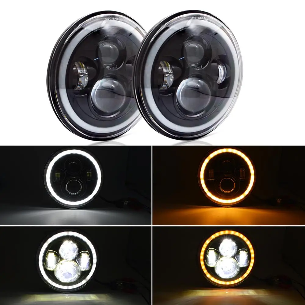 Safego 40W 7&quot Round Wrangler Angel Eye LED Headlight DRL High Low Beam Turn Signal with Halo Ring H4 H13 for Offroad Motorcycle |
