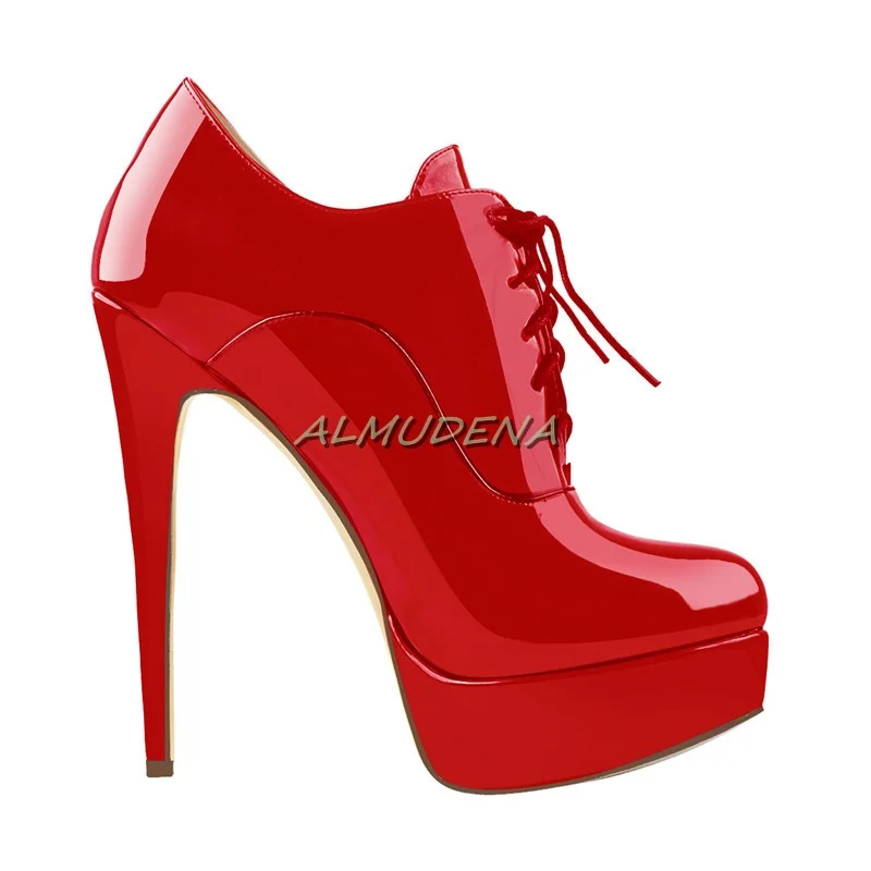 

Patent Leather Solid Color Round Toe Platform Stiletto Ankle Boots Ladies Autumn Lace-Up Super High Heel Sexy Short Boots 2022