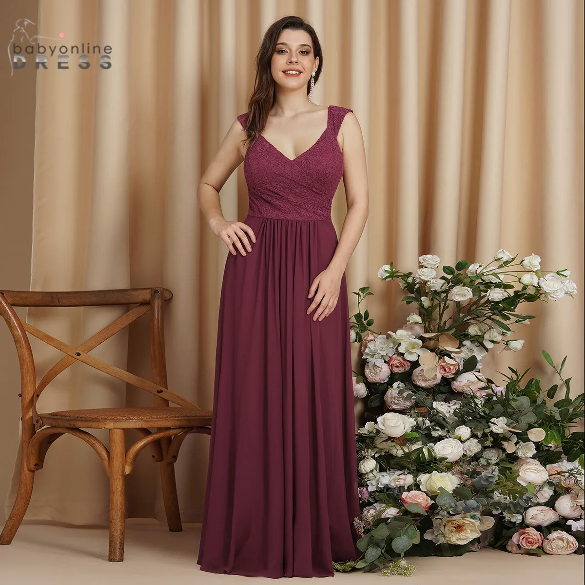 

Long Lace Chiffon Evening Dress Backless Women A-line V-neck Sleeveless Elegant Formal Prom Wedding Party Gown robes de soirée