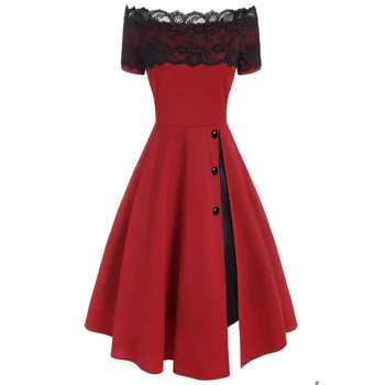 

2020 Retro Vintage Women Dress Slash Neck Lace Big Swing Rockabilly Party Women Clothing Runway Pleated Midi Gothic Dresses