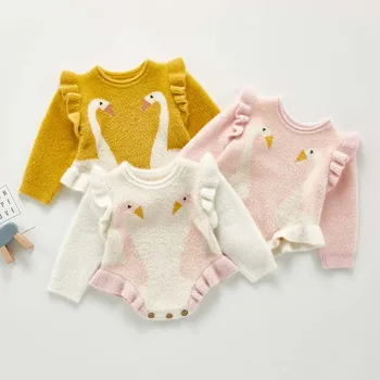 

Baby Autumn Winter Clothing Infant Newborn Baby Girls Knitted Bodysuit Long Sleeve Swan Ruffled Princess Jumpsuit Outfit 0-3Y