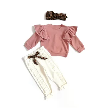 

1-5Y Toddler Kids Girls Clothing Sets Autumn Children Girls Ruffles Pullover T-shirts+Leopard Bowknot Ruffles Pants+Headband