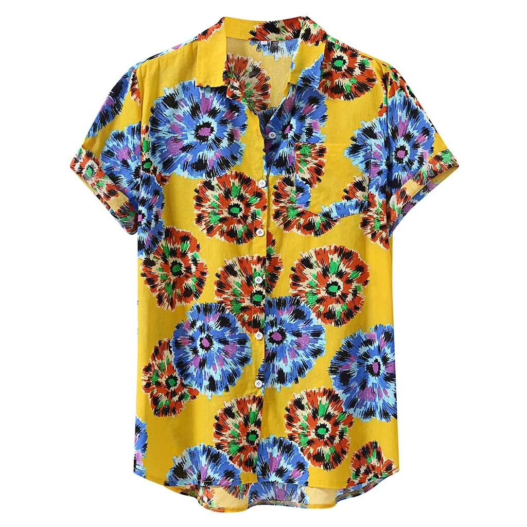 Yellow KLV, новинка, стильные, модные, мужские, с принтом, летние, Гавайские, свободные, с коротким рукавом, повседневные, на пуговицах, Abbigliamento moda maschile 9814 - Цвет: Yellow
