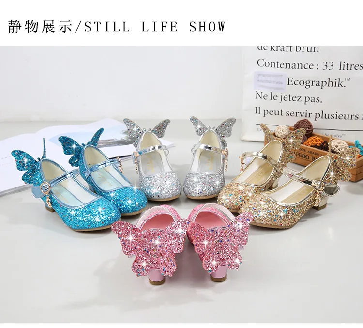 girls shoes 2020 Princess Kids Leather Shoes for Girls Flower Casual Glitter Children High Heel Girls Shoes Butterfly Knot Blue Pink Silver girls leather shoes