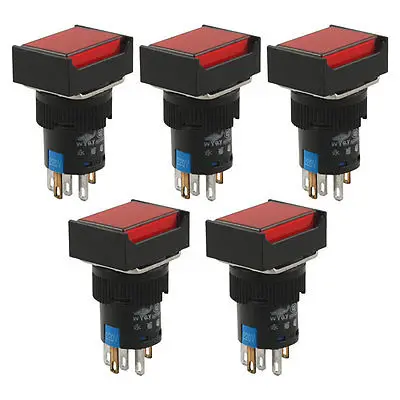 

5 Pcs 5P Red Lamp 1NO 1NC Latching Rectangular Push Button Switch AC 220V