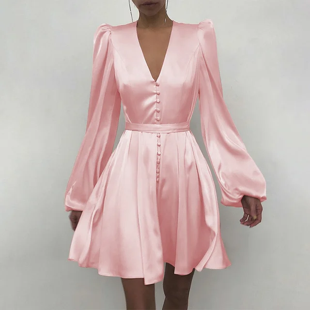 Spring Fashion Satin Solid Long Sleeve Dress 2021 Elegant Women Button A-Line Mini Dress Casual Loose V-Neck Party Dress Vestido 3